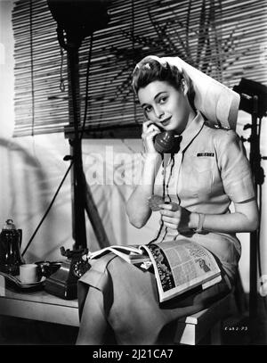 PATRICIA NEAL in costume as Sister Parker on set candid having tea and biscuits holding telephone and reading magazines during a break in filming of THE HASTY HEART 1949 director VINCENT SHERMAN play John Patrick screenplay Ranald MacDougall Associated British Picture Corporation (ABPC) / Warner Bros. Stock Photo