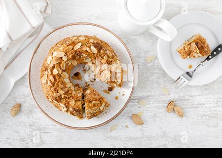 French almond cake with nuts. Top view, overhead Stock Photo