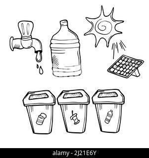 Set of doodle outline ecological icons isolated on white background. Zero waste life concept. Earth day Stock Vector