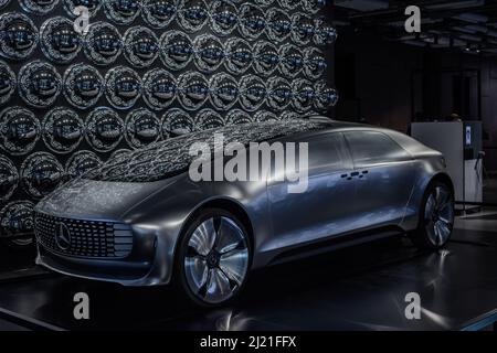 Warsaw. Poland. 03.27.2022. Unmanned Mercedes-Benz F 015 Luxury self-driving concept in Copernicus Science Centre. Stock Photo