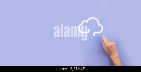 Business woman holding icon cloud computing network and icon connection data information in hand. Cloud computing and technology concept Stock Photo