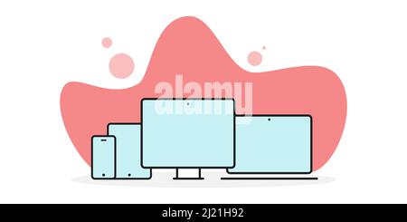 Device icons: smartphone, tablet, laptop and desktop computer. Organic shapes background. Vector illustration, flat design Stock Vector