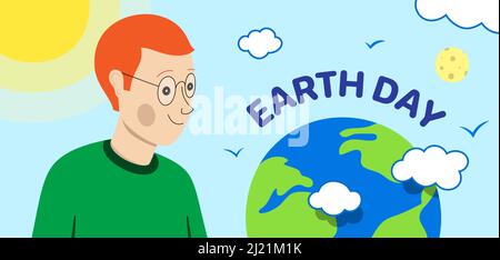 Happy red hair man looking on planet Earth. Earth Day vector banner design. Stock Vector