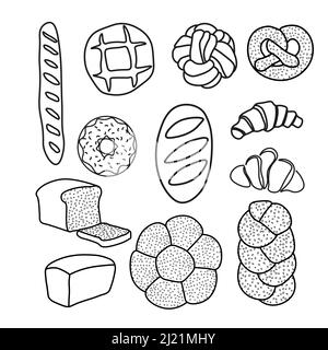 Trendy vector set for bakery or cafe.Illustrations of buns,bread, baguette,and other pastries for packaging,labels,or signage.Line Art illustration of Stock Vector