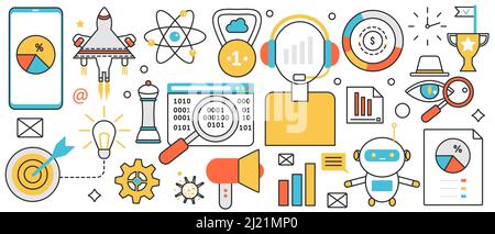 Process of automation in industry, robots. Abstract launch of rocket and creative startup project, automatic control of innovations and development in infographic concept banner, thin line art design Stock Vector