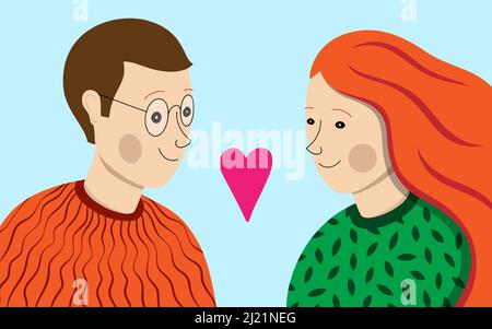Romantic couple cartoon vector illustration. Smiling man and woman looking at each other. Stock Vector
