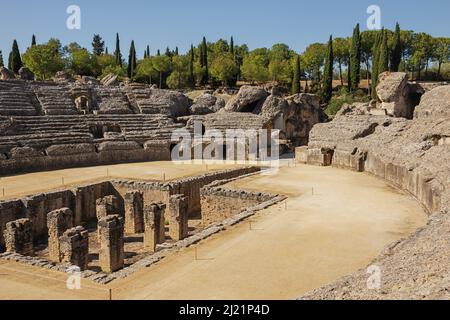 The arena in the amphitheater of Italica, an archaeological site at the outskirts of Seville Stock Photo