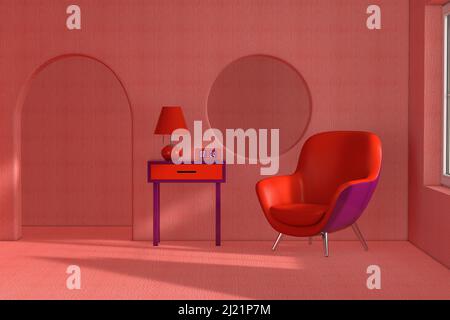 Red Modern Leather Oval Shape Relax Chair, Lamp, Table and Clock in Abstract Room extreme closeup. 3d Rendering Stock Photo