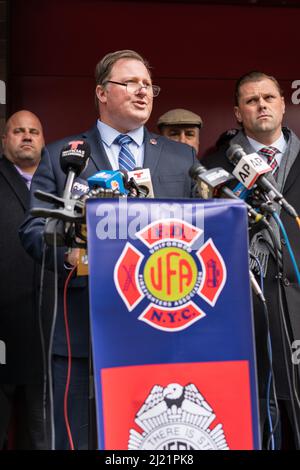 New York City Fire Department Uniformed Firefighters Association President Andrew Ansbro and FDNY Fire Officers Association President James McCarthy held a press conference to discuss the repeal of the covid-19 vaccine mandates at FDNY Engine 54/Ladder 4 at 782 8th Avenue in midtown Manhattan, New York City, NY on March 28, 2022. (Photo by Steve Sanchez/SipaUSA). Stock Photo