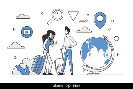 Travelling trip online booking hotel tourism. Hostel reservation, planning vacation vector monocolor illustration Stock Vector