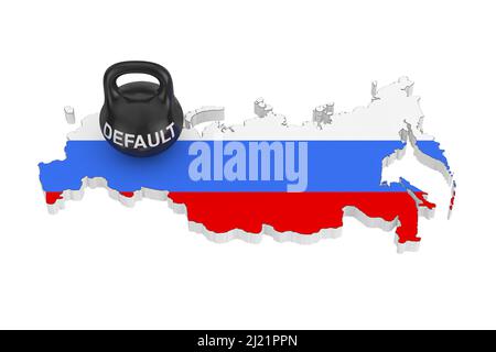 Russia Default Concept. Black Iron Kettlebell with Default Sign over Russian Map with Flag on a white background. 3d Rendering Stock Photo