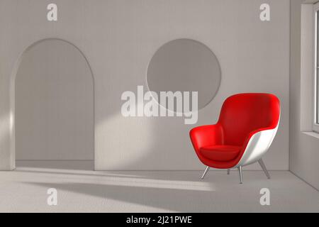 Red Modern Leather Oval Shape Relax Chair in Abstract Empty Room extreme closeup. 3d Rendering Stock Photo