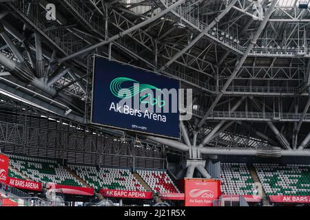 Kazan, Russia. 2022 March 28. Kazan's Ak Bars Arena stadium. The name of the stadium on the big screen. Inside the stadium Stock Photo