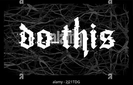 Gothic lettering in glitch style on dark abstract background. Brutalism style Stock Vector