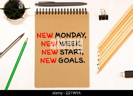 New Monday, new week, new goals - handwriting on a napkin. Stock Photo