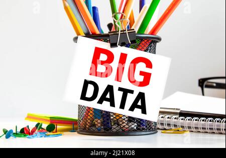 Handwriting text showing Big Data. Business concept for Digital Business Analysis written on sticky note paper on yellow vintage background. Folded ye Stock Photo