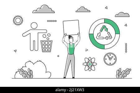 Collecting household waste for recycling process. Garbage management and processing materials vector monocolor illustration Stock Vector
