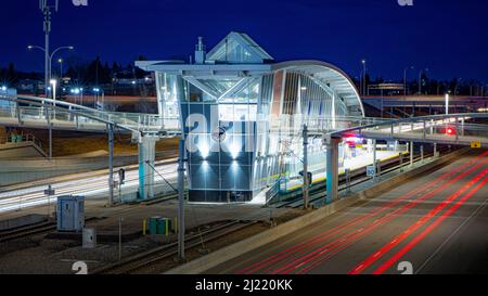 The Crowfoot CTrain light rail station in Calgary, Alberta, Canada at night Stock Photo