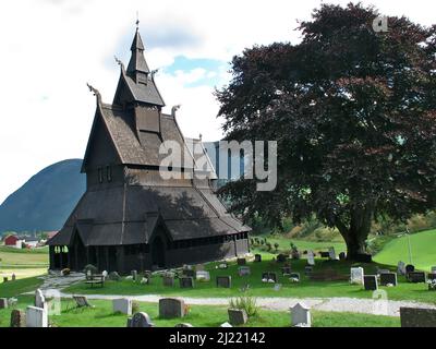 A shot of Hopperstad Stave Church, located in the village of Vikoyri, Norway. It was built during the 12th century Stock Photo