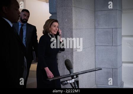 Washington, USA. 29th Mar, 2022. Speaker of the House Nancy Pelosi (D-CA) arrives for a House Democrat caucus meeting, at the U.S. Capitol, in Washington, DC, on Tuesday, March 29, 2022. The White House released the President's budget for the coming year this week, as Supreme Court Justice Nominee Ketanji Brown Jackson continues to take meetings with Senators ahead of a Senate Judiciary Committee vote next week. (Graeme Sloan/Sipa USA) Credit: Sipa USA/Alamy Live News Stock Photo
