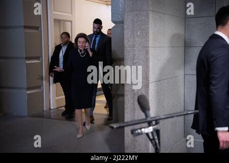 Washington, USA. 29th Mar, 2022. Speaker of the House Nancy Pelosi (D-CA) arrives for a House Democrat caucus meeting, at the U.S. Capitol, in Washington, DC, on Tuesday, March 29, 2022. The White House released the President's budget for the coming year this week, as Supreme Court Justice Nominee Ketanji Brown Jackson continues to take meetings with Senators ahead of a Senate Judiciary Committee vote next week. (Graeme Sloan/Sipa USA) Credit: Sipa USA/Alamy Live News Stock Photo