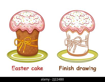 Easter holiday cake children coloring book page, finish drawing. Sweet  Christian kulich bread pie. Cupcake baking. Kid colouring picture game. Vector Stock Vector
