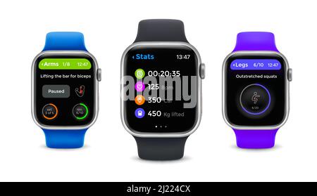 Fitness tracker display screen interface, smart watch technology. Vector devices on blue, black and purple silicone bracelets. Smartwatch modern electronic gadgets for monitoring health parameters Stock Vector