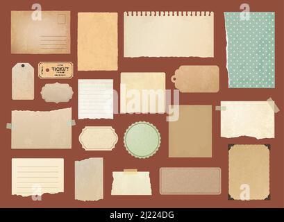 Vintage scrapbook torn paper, post card, notes, stickers, tags and tickets. Vector old paper pages and scraps of retro memo notebook, grunge labels and notepaper with stamp frames and corner stickers Stock Vector