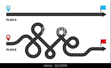 Plan B destination point, expectation and reality, straight and easy wavy, vector line. Plan B for different goals, complicated hard path, simplicity aim and difficult real life scenario backup Stock Vector