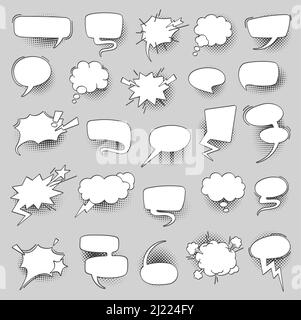 Comic speech bubbles. Talk, debate and dispute, swear and curse retro vector balloons with black halftone shadows. Cartoon speak bubbles, scream clouds and think balloons with stars, lightning bolts Stock Vector