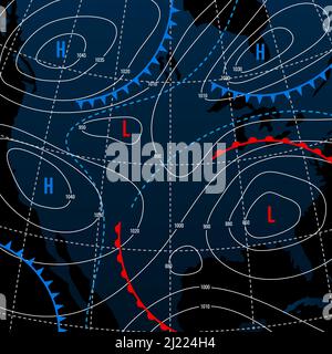 Forecast weather isobar on american night map, meteorology wind fronts and vector temperature diagram. USA map for weather forecast with pressure and wind charts, synoptic prediction isobar Stock Vector