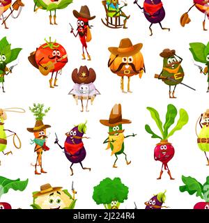 Cartoon cowboy, sheriff, robbers, bandits and rangers characters on seamless pattern. Wallpaper, vector backdrop with pumpkin, garlic and tomato, avocado, carrot and cucumber wild west personages Stock Vector