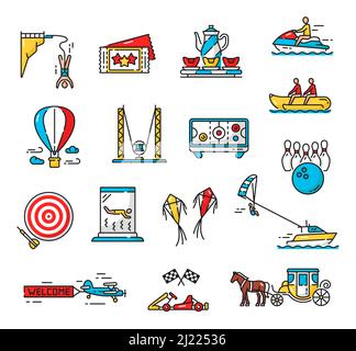 Amusement park playground and funfair extreme activity carousels, vector color outline icons. Amusement park rides and water attractions, bungee jumpi Stock Vector