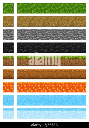 Cubic pixel game level surfaces of water, ice and ground, stone and grass, 8 bit vector. Sand, lava magma and coal or granite blocks of 8 bit pixel cu Stock Vector