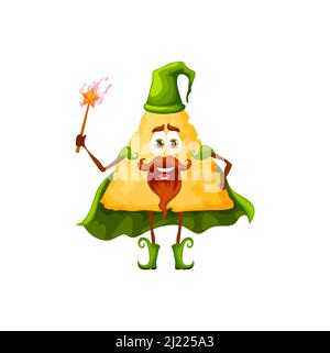 Cartoon Mexican nachos wizard character, magician or sorcerer with magic wand, vector kids personage. Funny nachos chip as fairy tale magician or warlock mage with in magic cape and witch hat Stock Vector