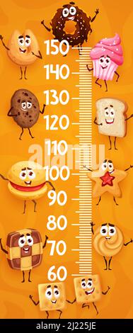 Cartoon cookies, bakery and desserts on kids height chart. Child growth measure ruler with funny donuts, cupcake and crackers cookies vector character Stock Vector