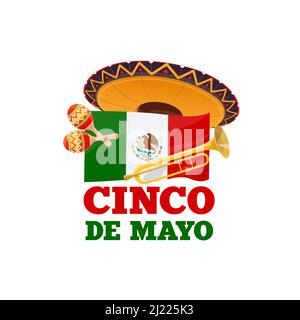 Cinco de Mayo holiday music and sombrero hat cartoon vector design. Mexican fiesta party mariachi musician maracas, trumpet and flag of Mexico with eagle, snake and cactus coat of arms, greeting card Stock Vector