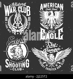Tshirt prints with eagles and weapon, vector mascot for war history and shooting club apparel design. T shirt prints with grunge typography. Emblems or labels with eagle or griffin in heraldic style Stock Vector