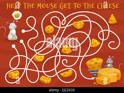 Labyrinth maze with cartoon mouse looking for Maasdam cheese, vector kids game. Labyrinth maze worksheet puzzle to help mouse find road or tangled way escape to cheese with holes Stock Vector