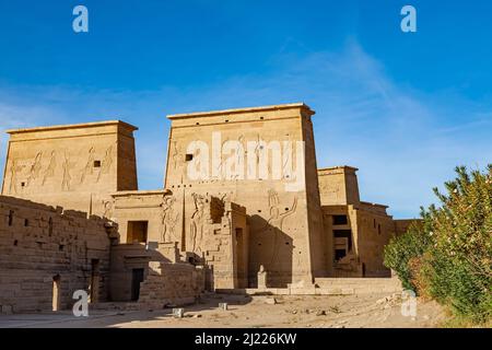 View of Philae Temple of Isis on Agilkia Island in Aswan, Upper Egypt. Temple of Isis is dedicated to Isis, Osiris and Horus built during the reign of Stock Photo