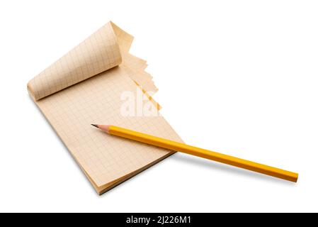 Vintage paper note pad checkered open with yellow pencil isolated on white, copy space, clipping path Stock Photo