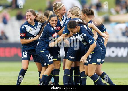 The Melbourne Victory team celebrate after scoring a goal during the A-League Womens Grand Final match between Sydney FC and Melbourne Victory at Nets Stock Photo