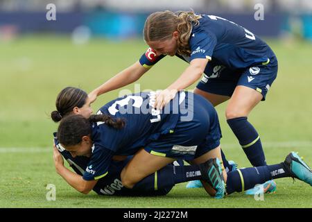 The Melbourne Victory team celebrate after scoring a goal during the A-League Womens Grand Final match between Sydney FC and Melbourne Victory at Nets Stock Photo