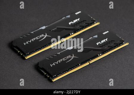 Dnipro. Ukraine. 17 march 2021. Sticks of computer random access memory RAM hyperx. dark background. Stock Photo