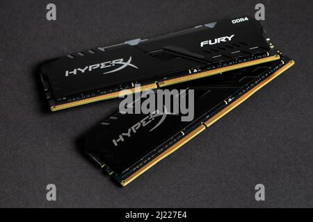 Dnipro. Ukraine. 17 march 2021. Sticks of computer random access memory RAM hyperx. dark background. Stock Photo