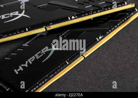 Dnipro. Ukraine. 17 march 2021. Sticks of computer random access memory RAM hyperx. dark background. Stock Photo