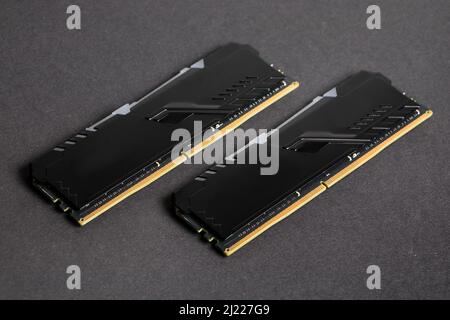 Sticks of computer random access memory ( RAM ) dark background. Stock Photo