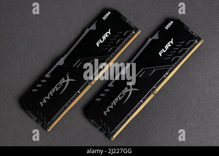 Dnipro. Ukraine. 17 march 2021. Sticks of computer random access memory RAM hyperx. dark background. Stock Photo