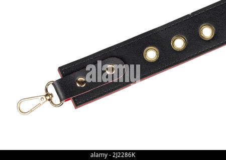 Black belts with metal carabine clasp. Isolated on white background. Stock Photo