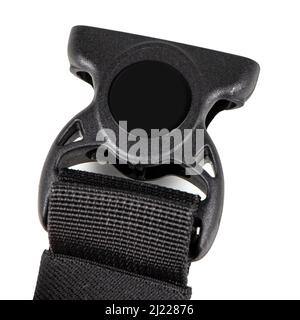 black plastic Fastex clip for backpacks on a white background. items of clothing and equipment. Stock Photo